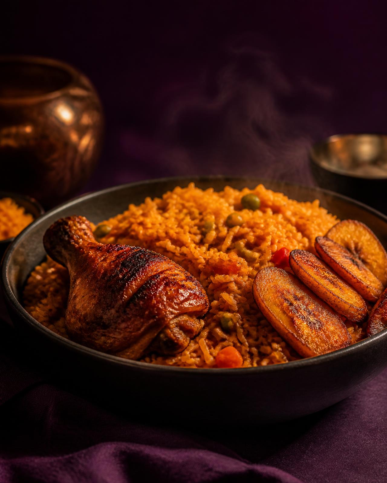 Steaming bowl of Nigerian jollof rice with grilled chicken and fried plantain