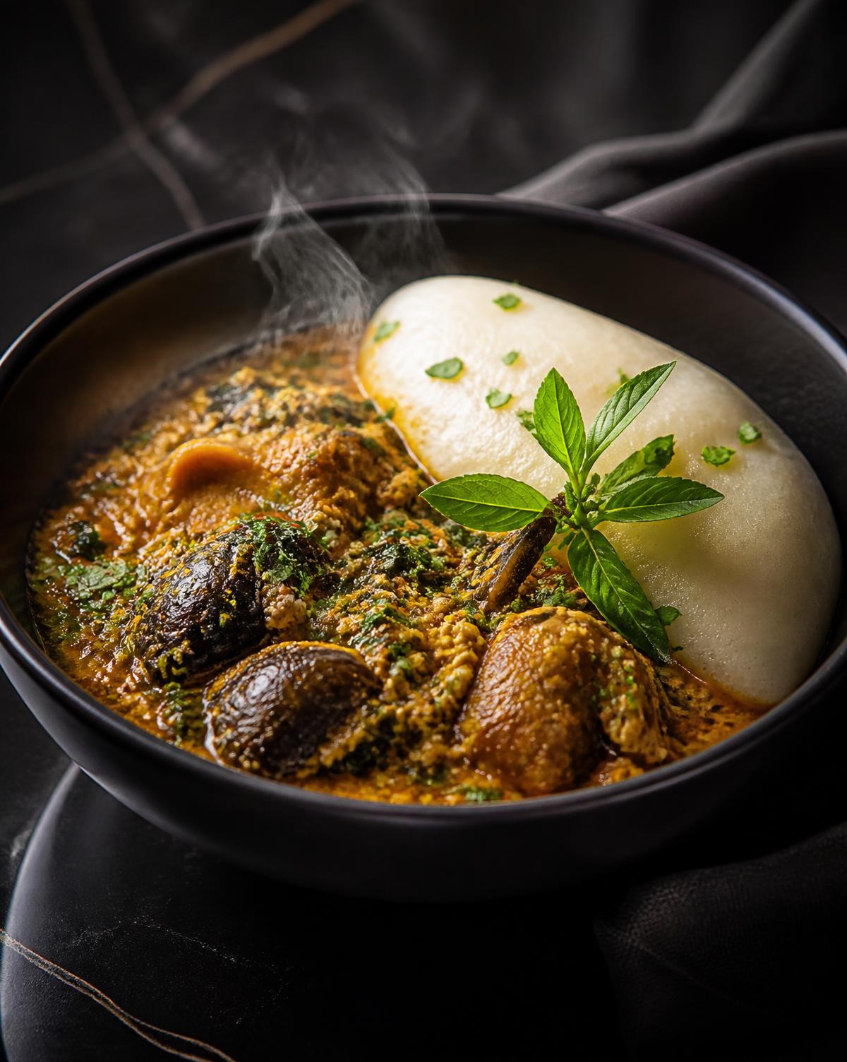 Egusi soup with pounded yam plated in a dark ceramic bowl