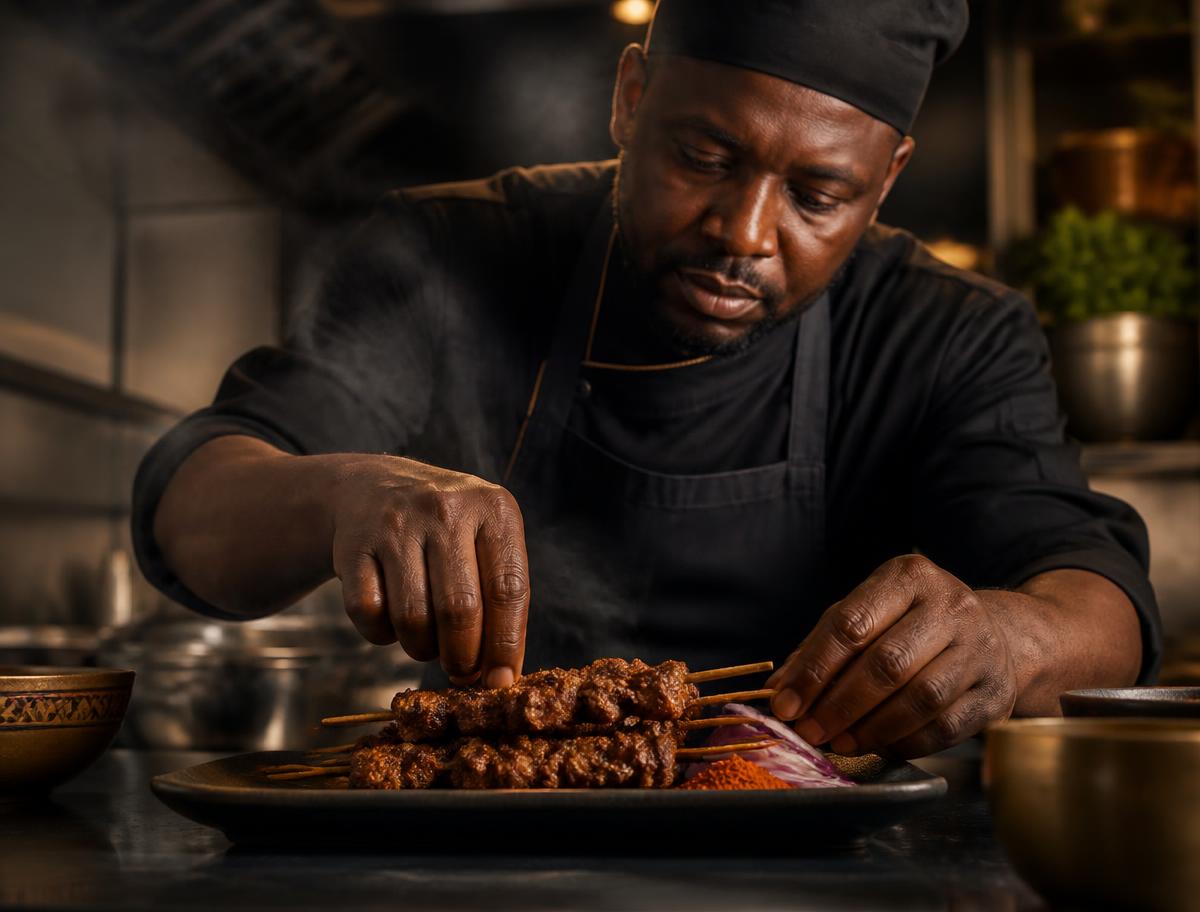 Chef plating suya beef skewers in the Kun-Fat kitchen